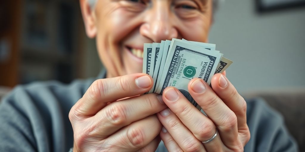 Elderly person smiling, holding cash.
