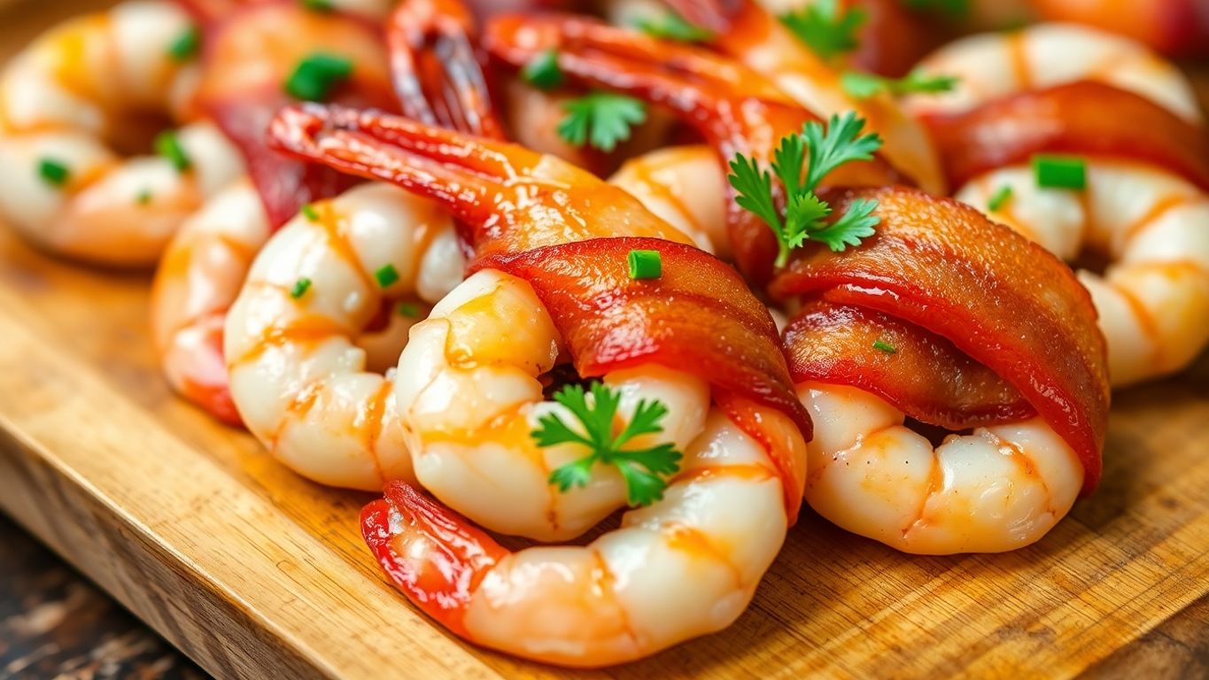 Camarão enrolado em bacon defumado com ervas frescas.