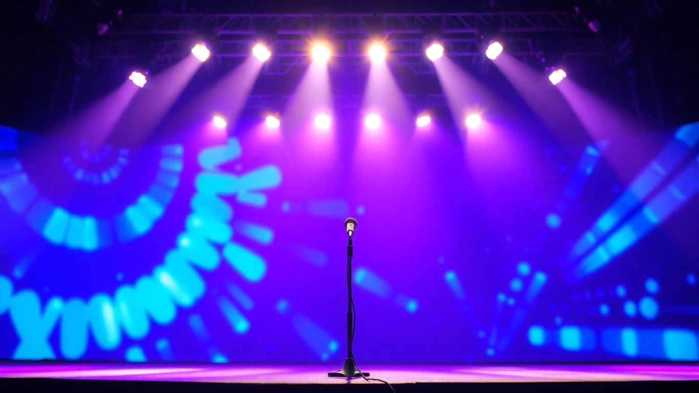 Empty stage with spotlights and colourful background lights.