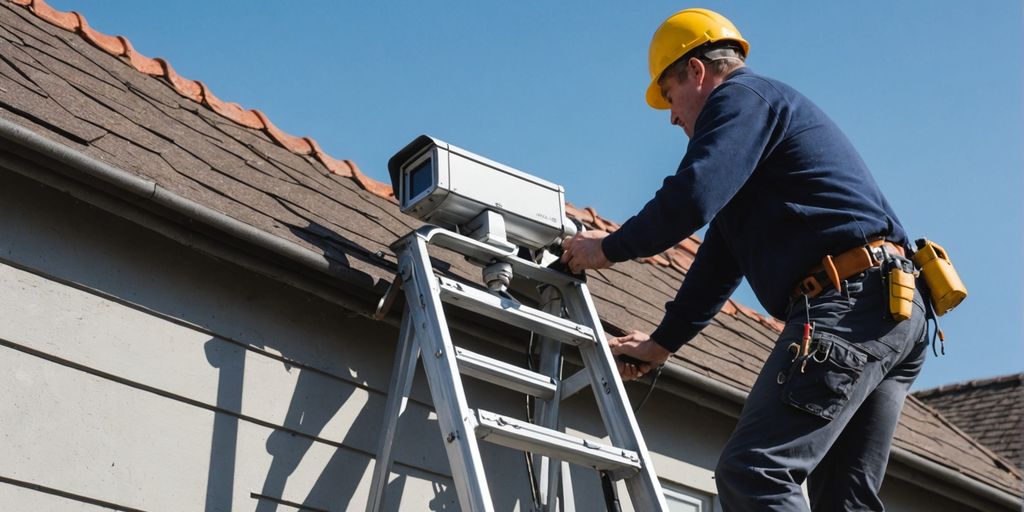 Person on ladder installing CCTV camera on house wall.