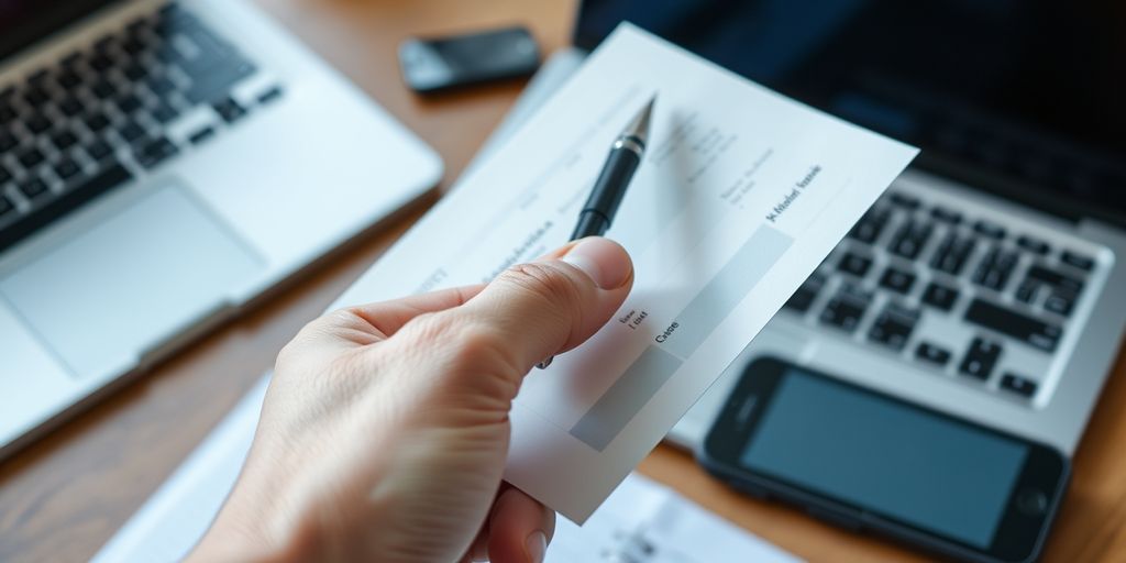Hand holding check with pen, laptop, and smartphone