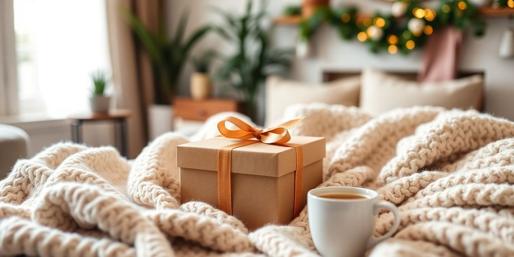 Cozy gift box with tea in a warm setting.