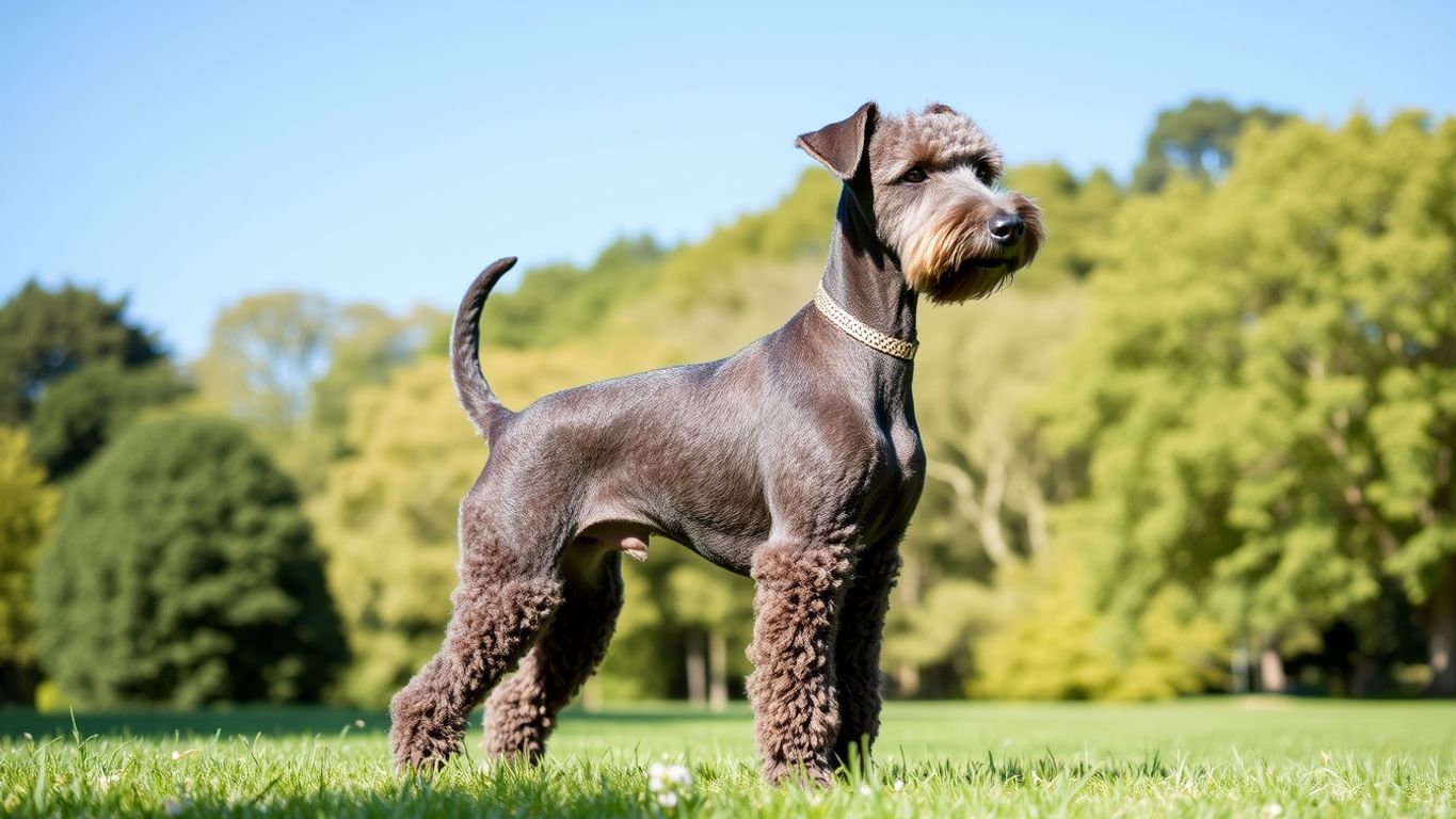 Bedlington Terrier in a green park under blue sky.