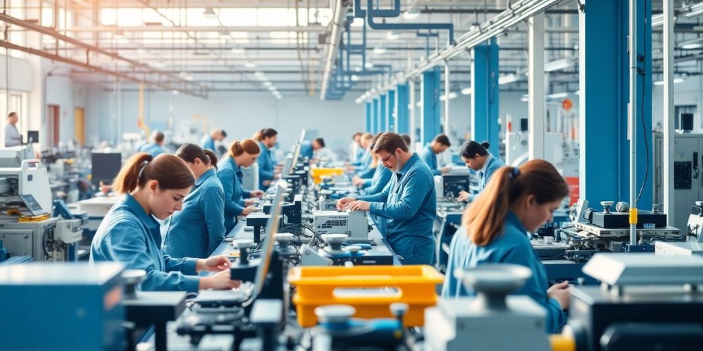 Werkvertrag-Fallbeispiel: Prozessoptimierung in der Produktion mit Akliman Produktionsteam in moderner Fertigungsumgebung, effiziente Zusammenarbeit.