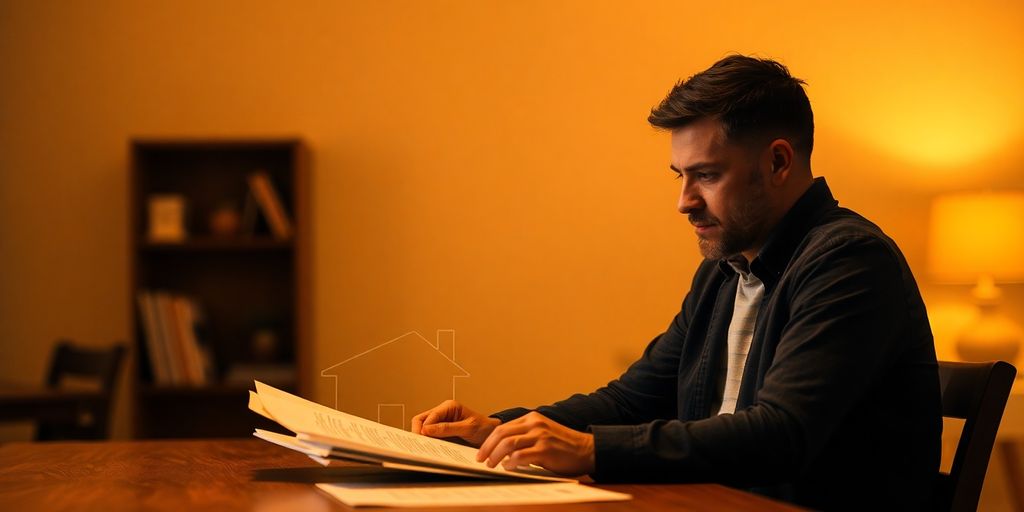 Man reviewing home documents with a faint house outline behind him.