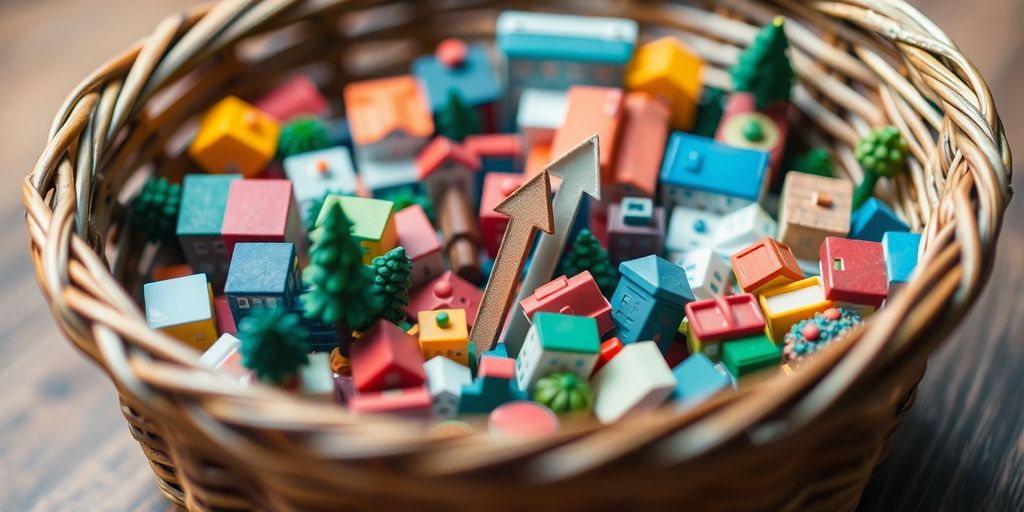 Basket of diverse miniature assets, tiny rising arrow.