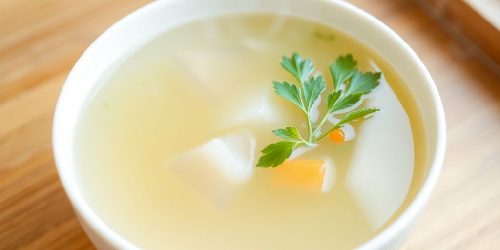 A steaming bowl of clear broth with minimal vegetables.
