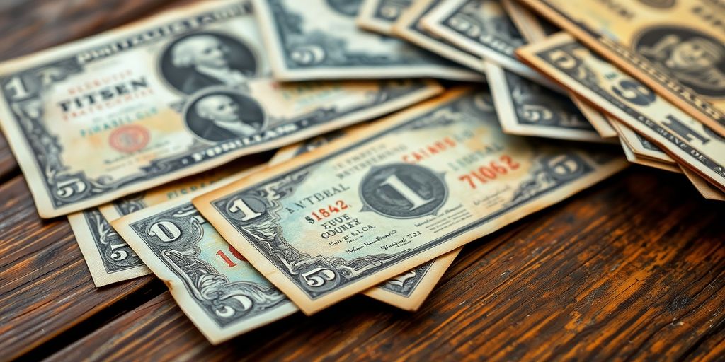 Vintage currency notes on a wooden table.