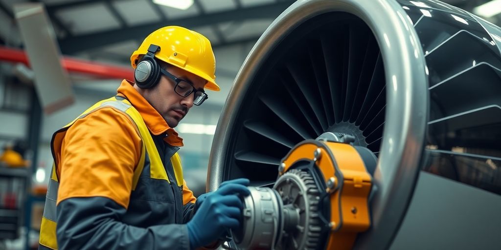 Aircraft mechanic repairing an airplane engine in hangar.