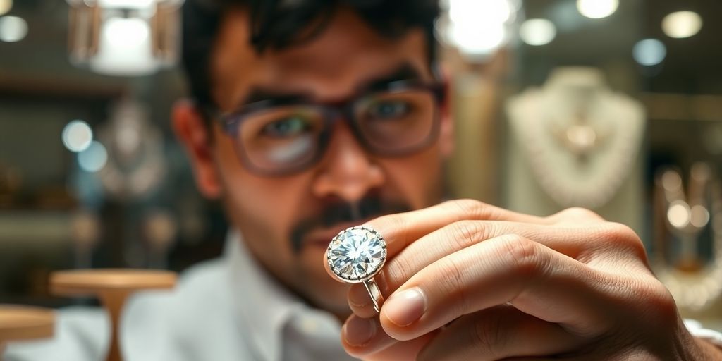Un bijoutier examine une bague en diamant avec soin.