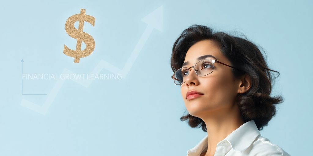 Person studying financial growth with upward-trending abstract shapes.