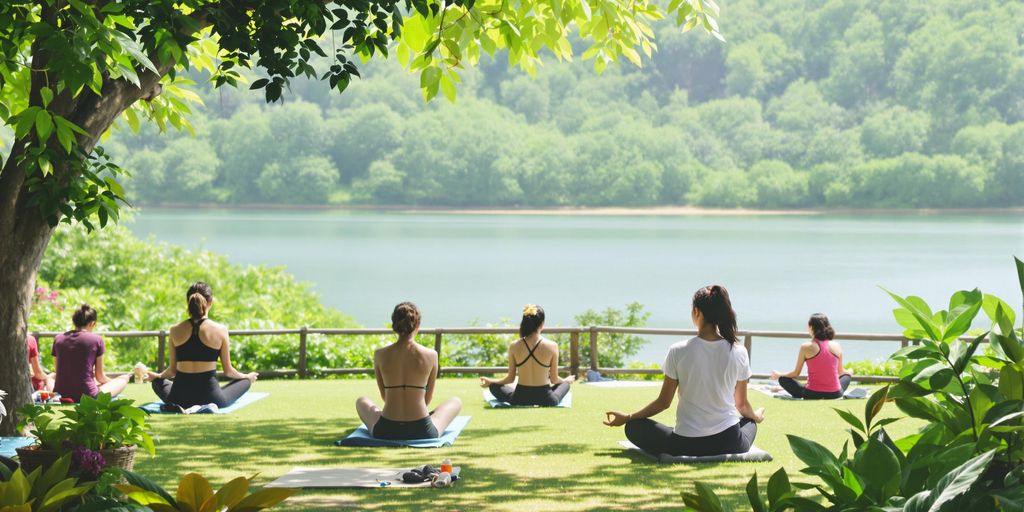Tranquil nature retreat with yoga and relaxation elements.