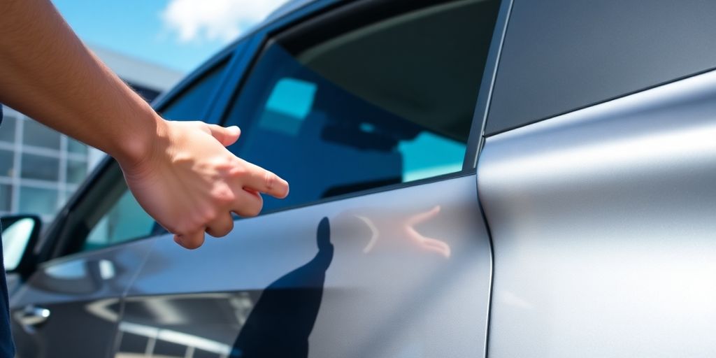 Person inspecting a car before trading it in.