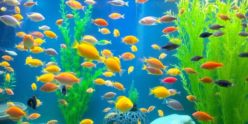 色彩斑斓的活鱼在郁郁葱葱的水族馆中游动。