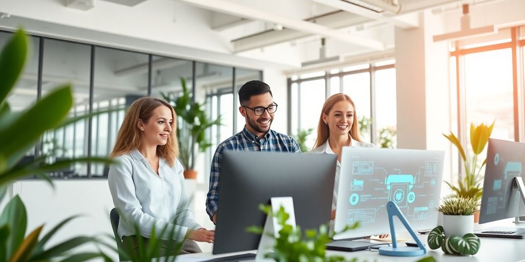 Profissionais discutindo inovação em um escritório moderno.