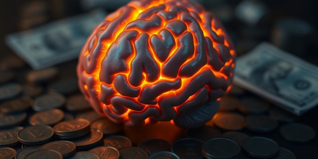 A brain with golden light, coins, and dollar bills.