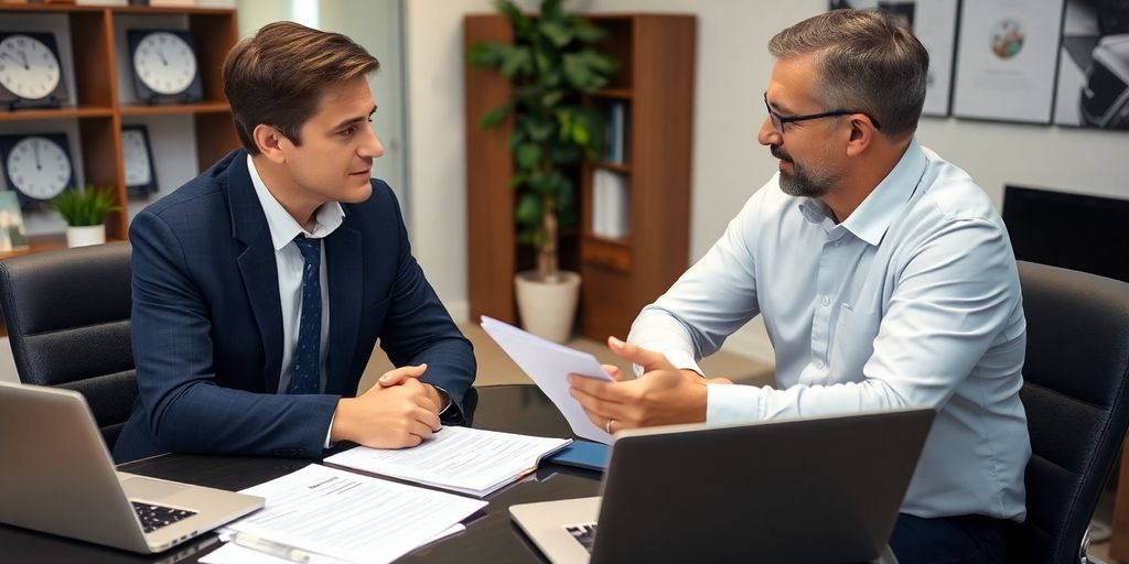 Insurance broker assisting client with car insurance options.