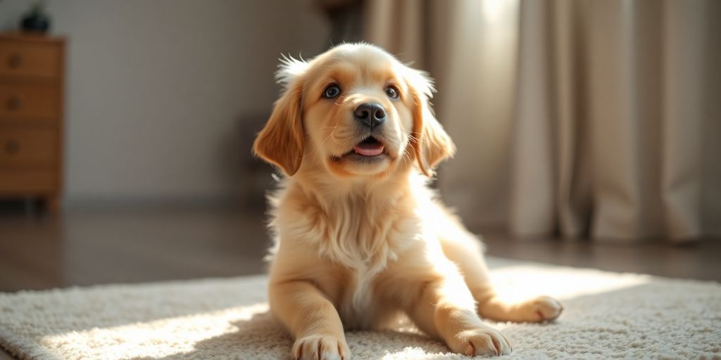 Happy golden retriever puppy looking up attentively indoors.