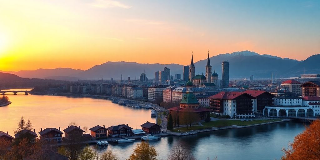 Zurich skyline at sunset with Lake Zurich and mountains.