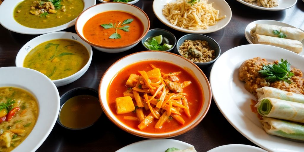 Table full of authentic Thai dishes in Chiang Mai.