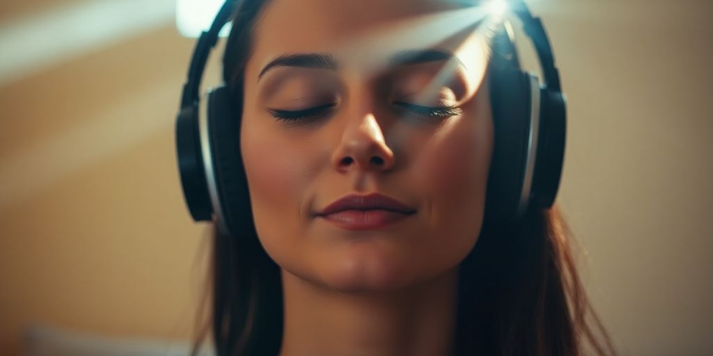 Person meditating with headphones, soft light.