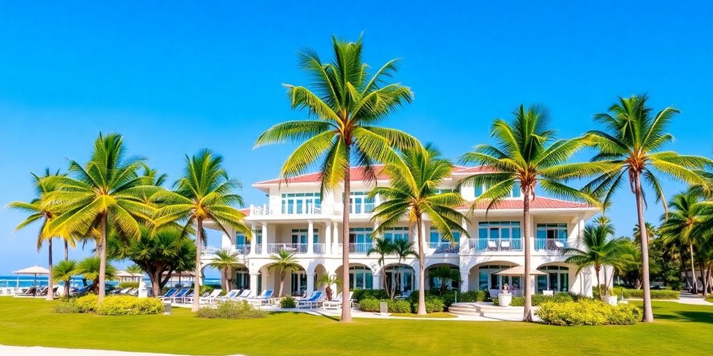 Luxurious beachfront home with palm trees and blue sky.