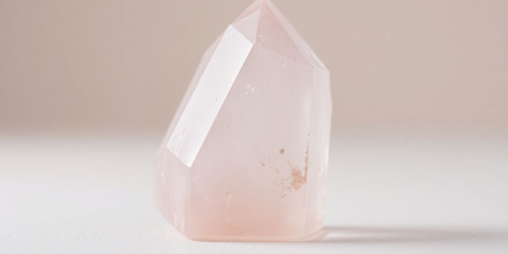Prisma di quarzo rosa su sfondo neutro.