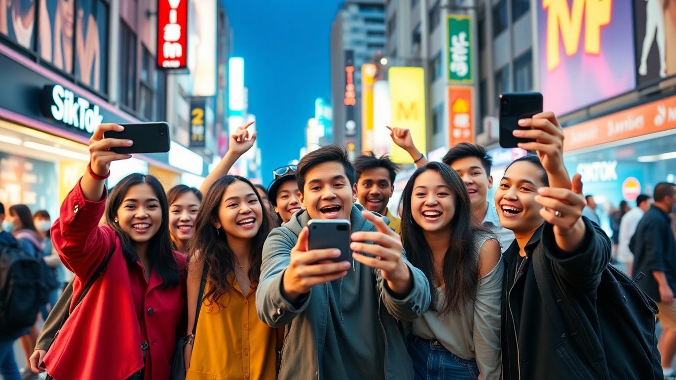 Group of young creators filming TikTok videos outdoors.