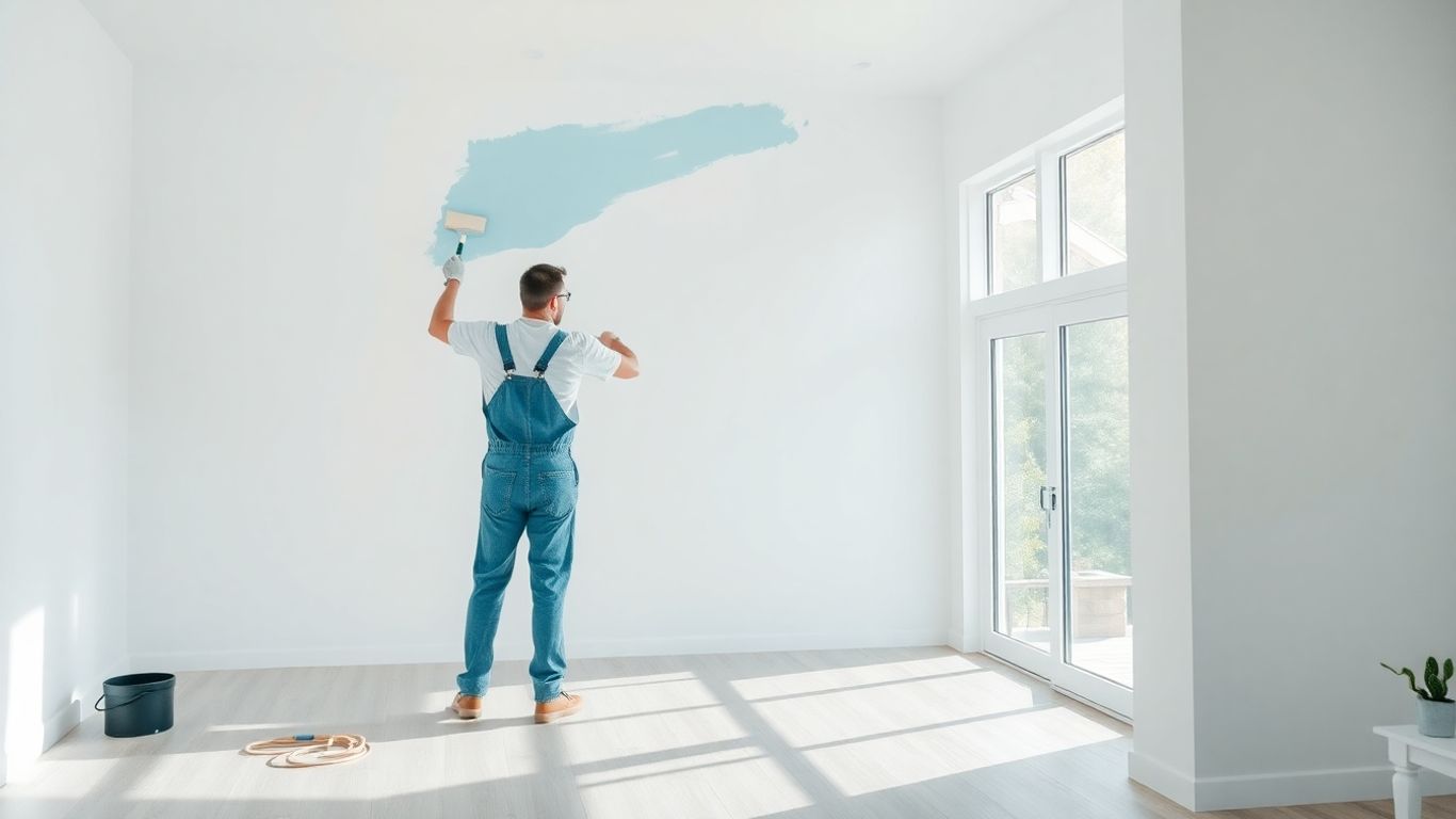 Painter working inside a bright modern living room