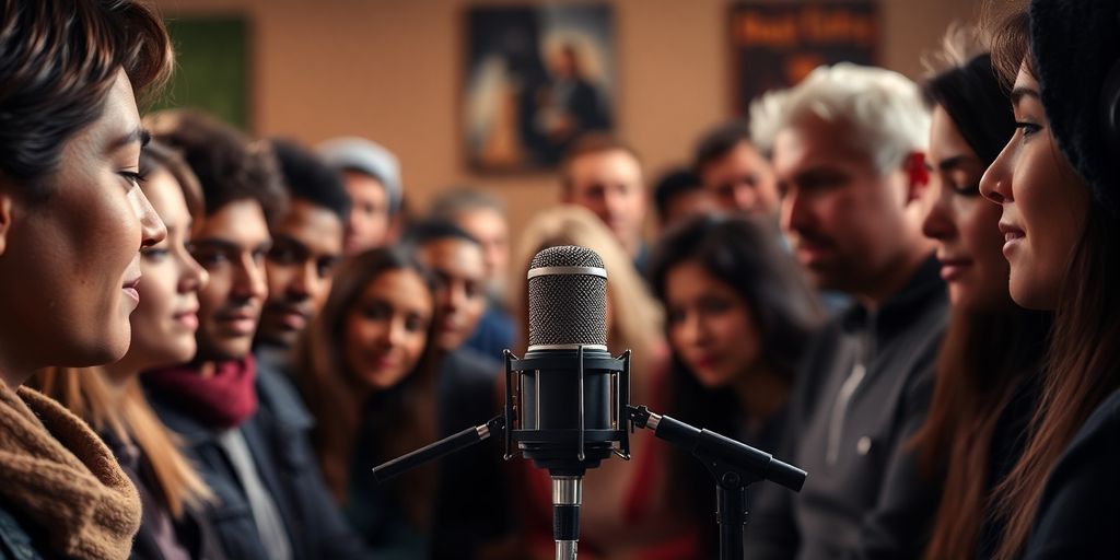 Podcast microphone with audience listening.