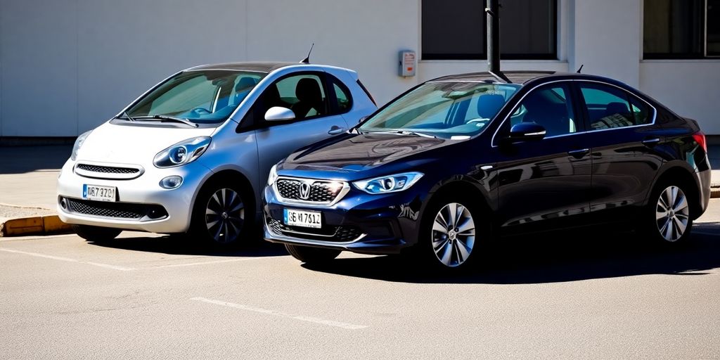 Compact car and sedan parked on a street.