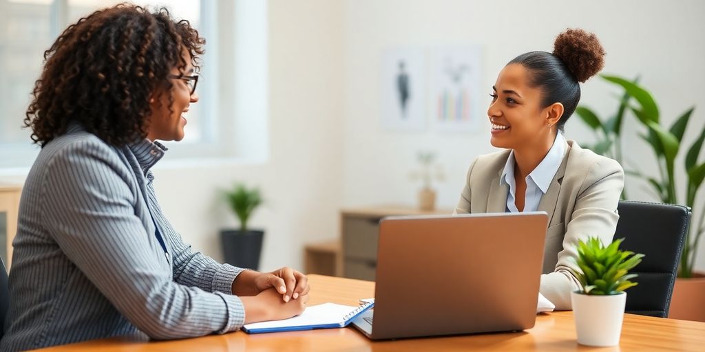 Career coach advising a client in an office setting.