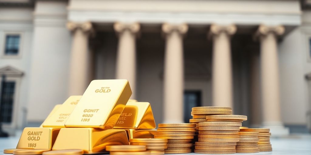 Lingots d'or et pièces d'or sur fond d'une banque