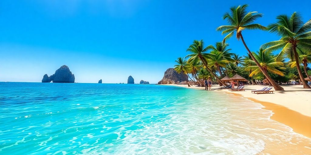 Sunlit turquoise water meeting golden sand beach in Cabo.