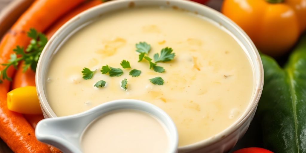 Bowl of creamy soup and milk-based sauce on a table.