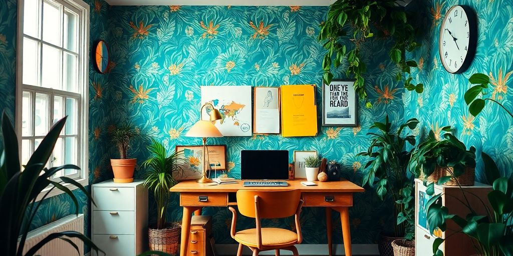 Vibrant study space with colorful wallpaper and plants.