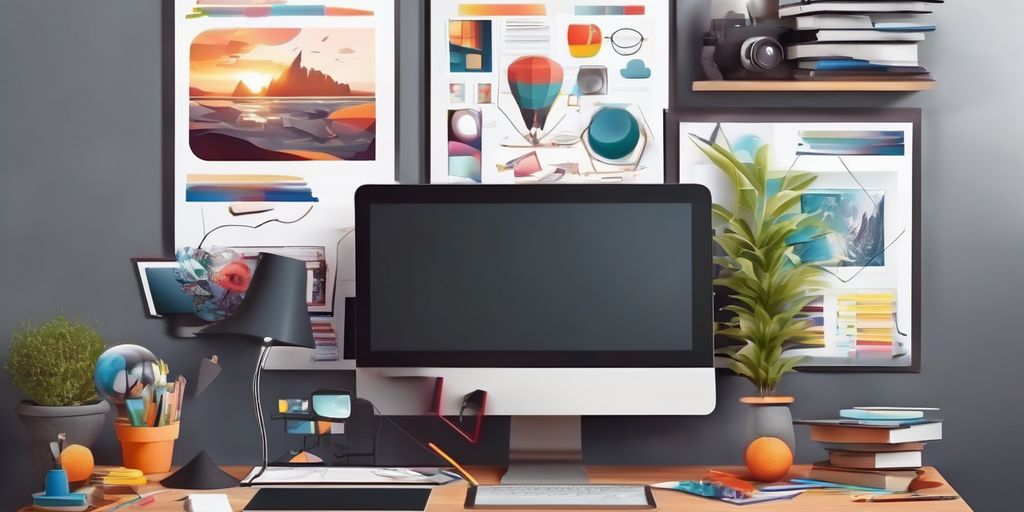 online education design creative workspace with computer and graphic design elements