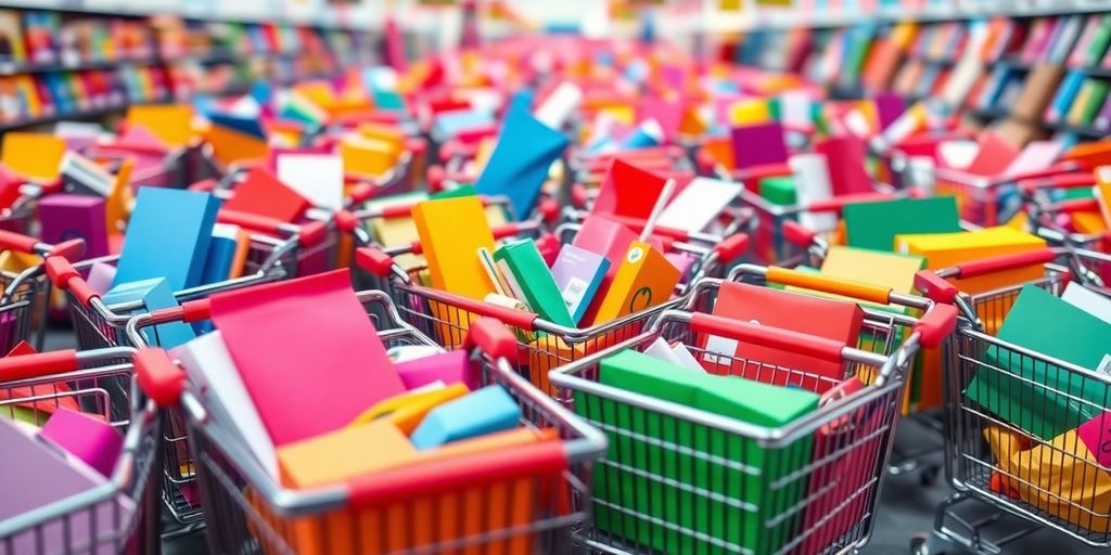 Colorful shopping carts filled with products in a store.