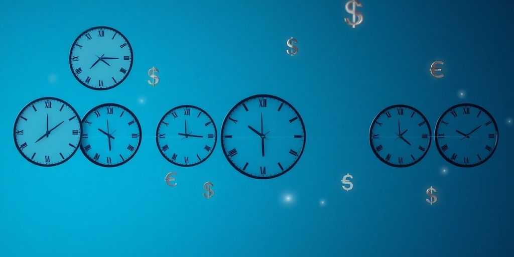 Global clocks and currency symbols.