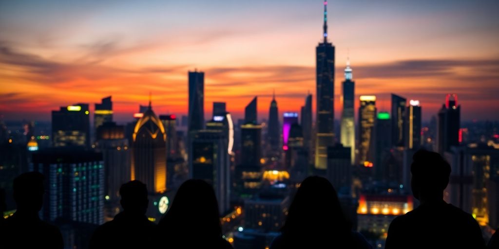 City skyline at dusk with people in silhouette.