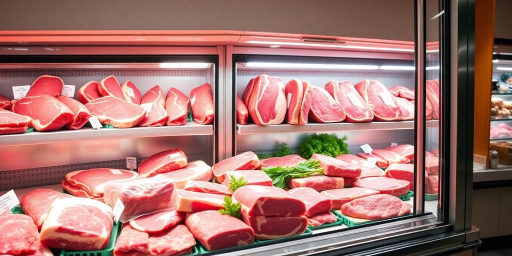 Clean meat case filled with fresh cuts of meat.