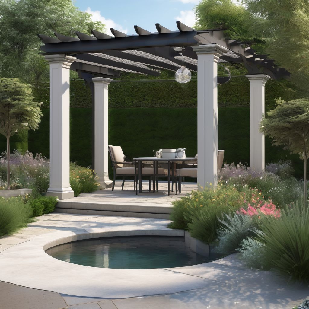 elegant garden landscape design with structural elements like pergolas and fountains