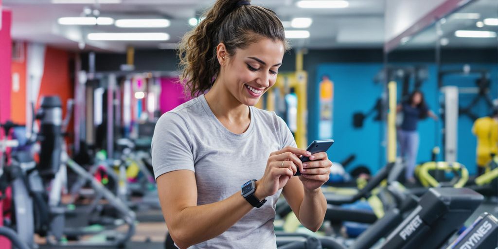 Person using smart fitness technology in a modern gym.