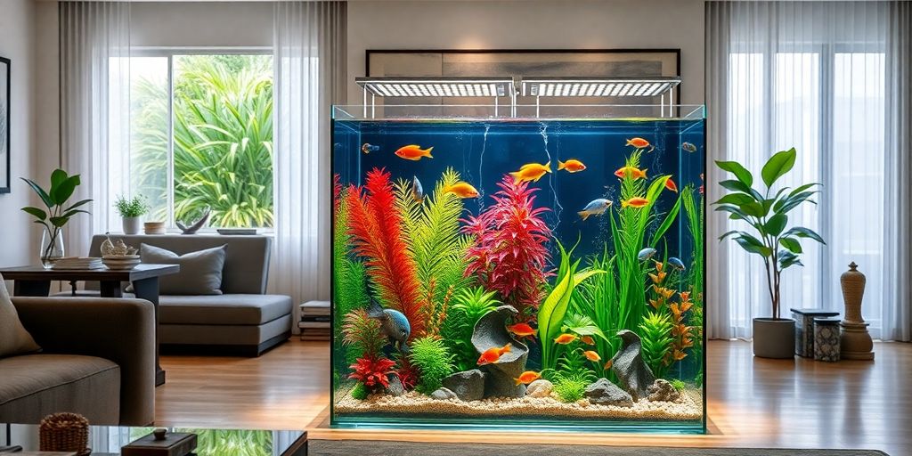 Acuario colorido en una sala de estar moderna.