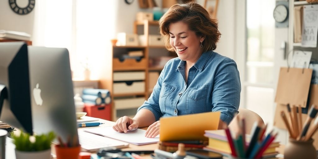Dona de casa feliz trabalhando em seu negócio caseiro.