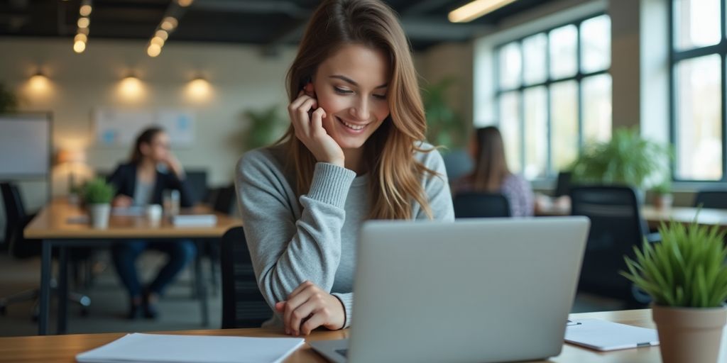 Woman interacting with Amazon Alexa in an office setting.