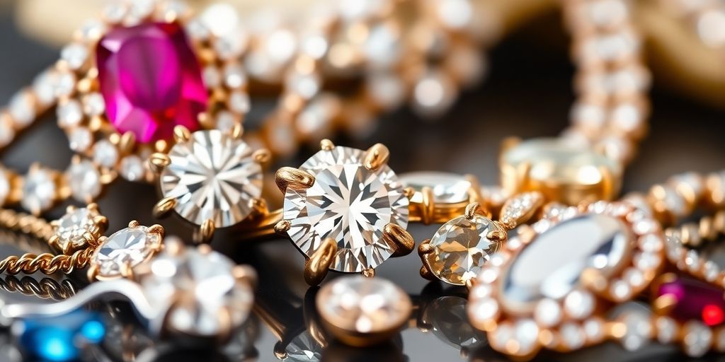 Close-up of sparkling jewelry pieces on display.