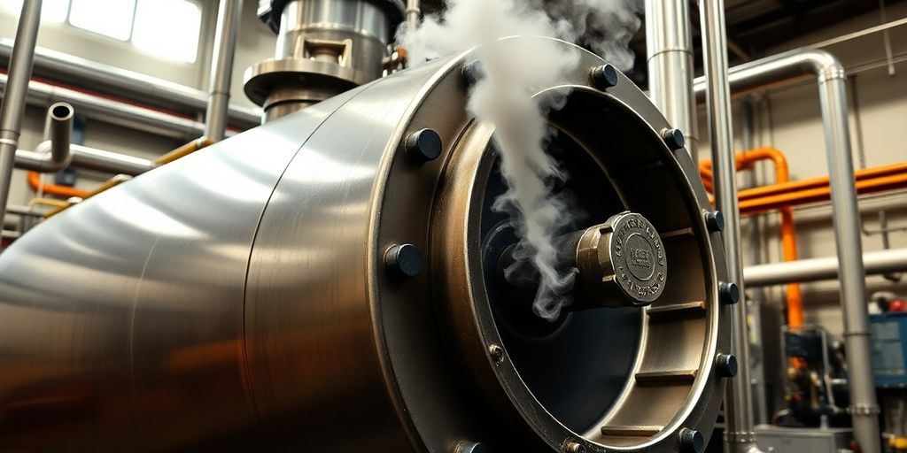 Industrial steam boiler in a manufacturing facility.
