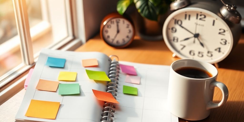 Open planner with sticky notes and coffee on desk.