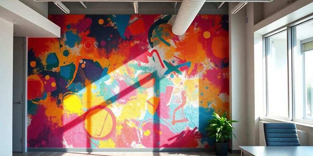 Vibrant mural brightens a modern office wall.
